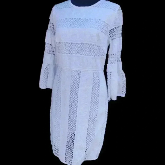 Loft Anne Taylor Women's Midi Eyelet White Lace Dress With Belle Sleeves Sz.Med - Picture 3 of 4
